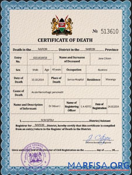 Realistic Kenya vital record death certificate PSD template